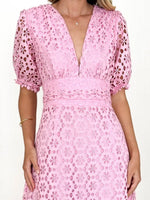 Eyelet Lace V-Neck Midi Dress with Puff Sleeves