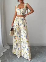 Floral Print Tie-Shoulder Crop Top & Wide Leg Pants Set