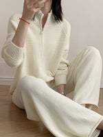 Casual Knit Zip-Up Cardigan and Wide-Leg Pants Set