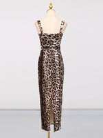 Leopard Print Bodycon Back Slit Midi Dress