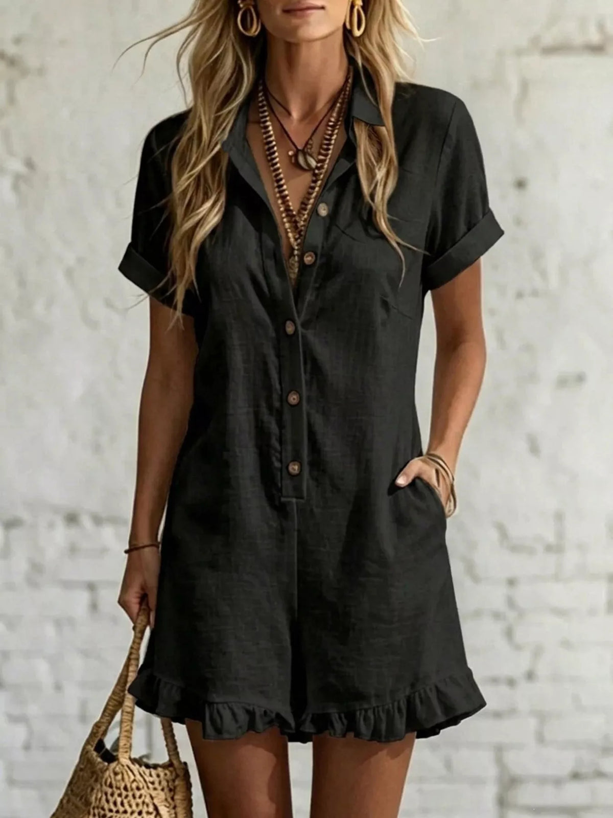 Full Size Button Front Ruffled Hem Romper Plus Size