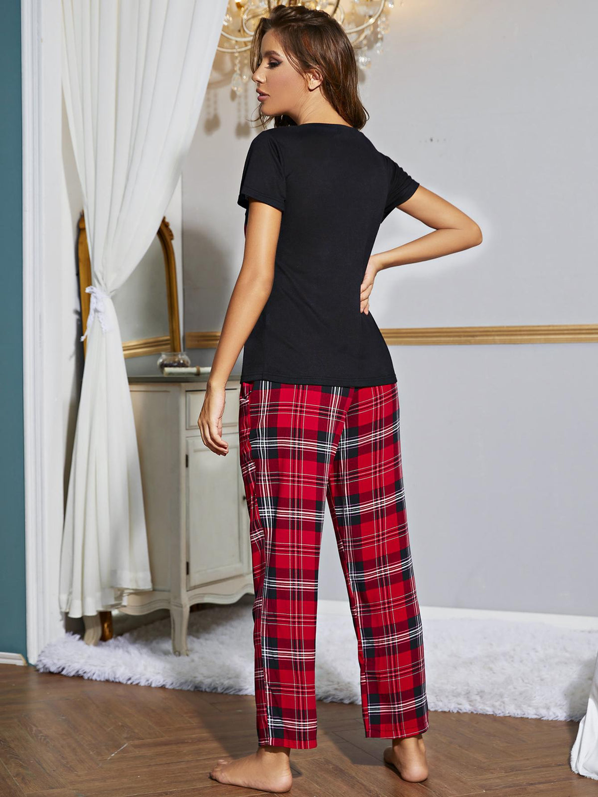 Heart Graphic V-Neck Top and Plaid Pants Lounge Set - Ladyez