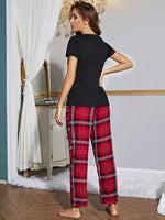 Heart Graphic V-Neck Top and Plaid Pants Lounge Set - Ladyez