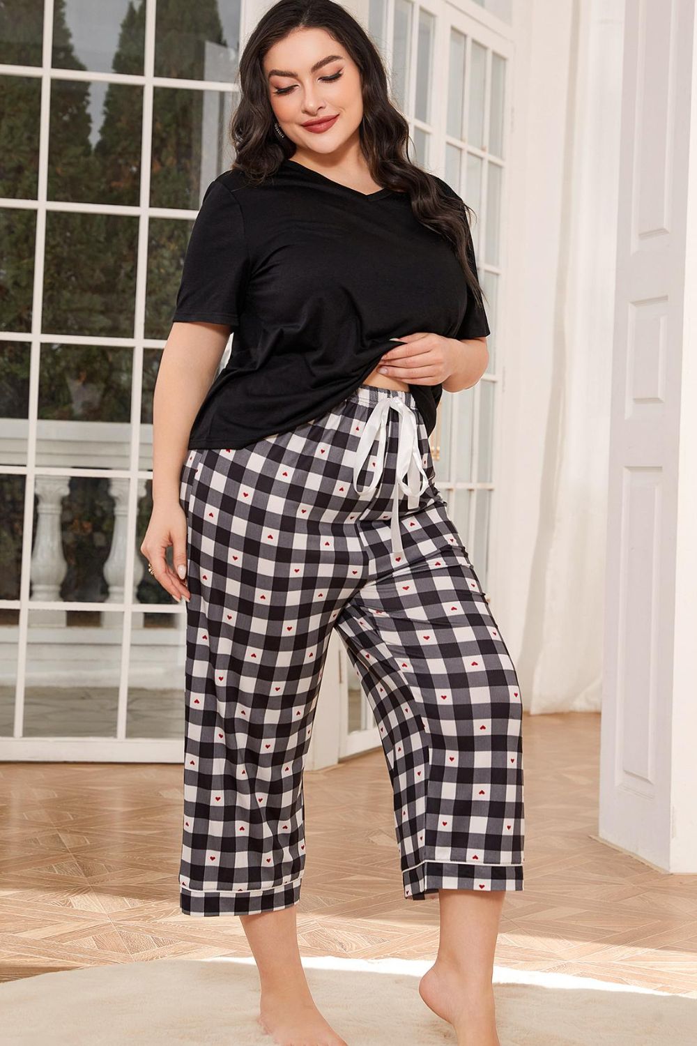 V-Neck Tee and Plaid Cropped Pants Lounge Set - Ladyez
