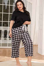 V-Neck Tee and Plaid Cropped Pants Lounge Set - Ladyez