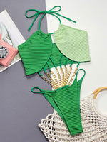 Contrast Halter Neck Chain Detail One-Piece Swimsuit - Ladyez