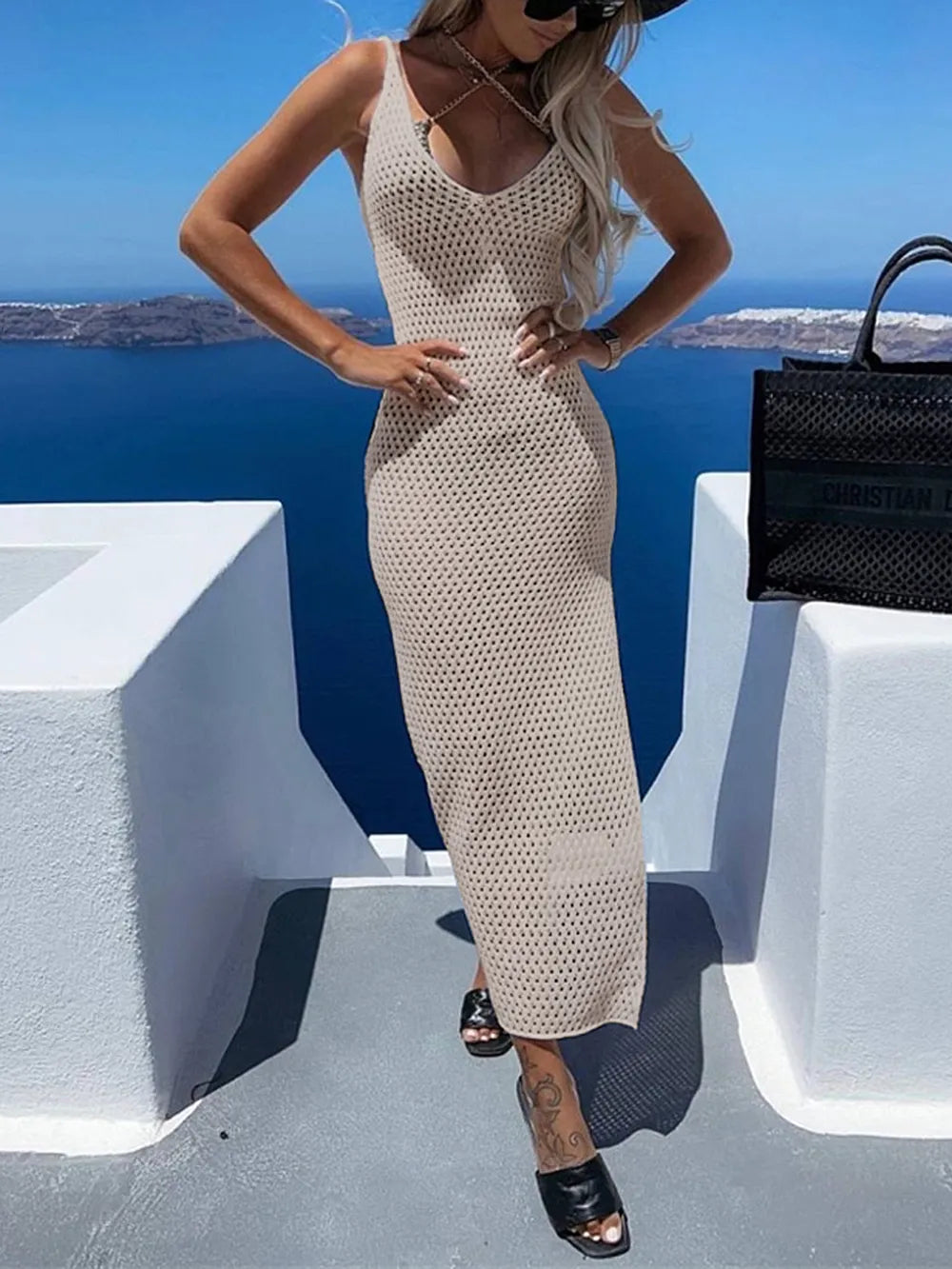 Slit Openwork V-Neck Sleeveless Cover Up - Ladyez