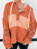 Waffle Knit Color Block Striped Drawstring Hoodie