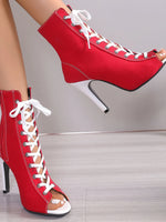 Canvas Lace-Up Peep Toe Stiletto Ankle Boots - Ladyez