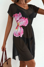 e Floral Print V Neck Semi Sheer Beach Cover Up Dress