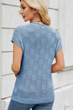 Checkered Round Neck Short Sleeve Knit Top