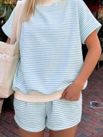 Full Size Striped Round Neck Tee and Shorts Set Plus Size
