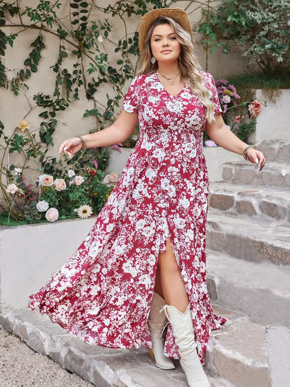 Plus Size Slit Printed V-Neck Maxi Dress - Ladyez