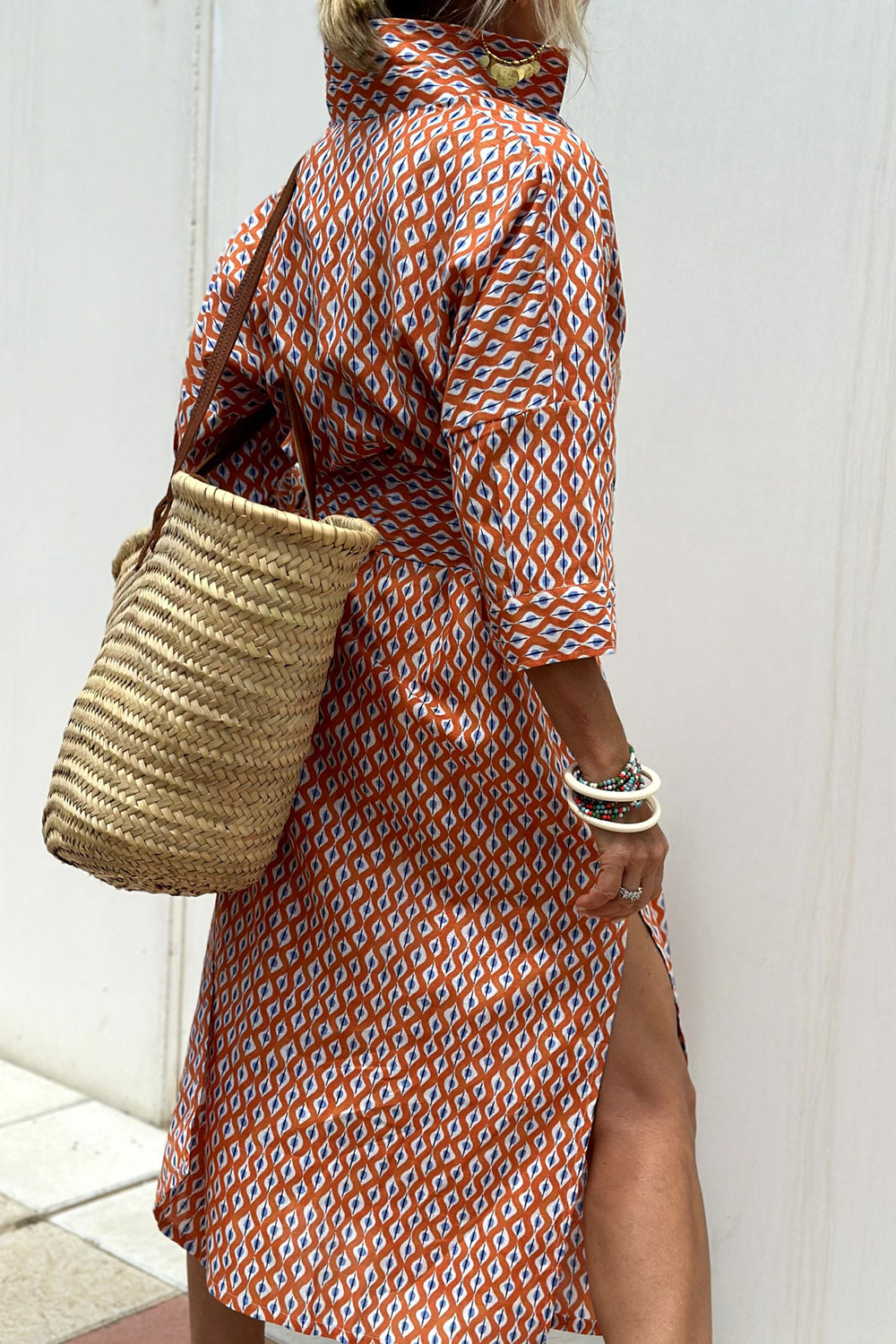 Tied Button Up Three-Quarter Sleeve Dress - Ladyez