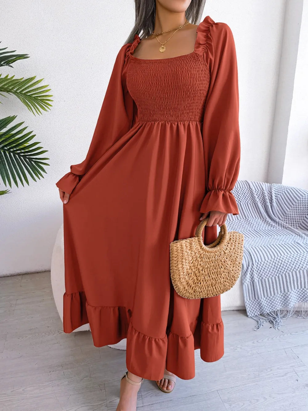Smocked Square Neck Flounce Sleeve Dress - Ladyez