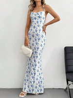 Crisscross Back Floral Print Bodycon Maxi Dress - Ladyez