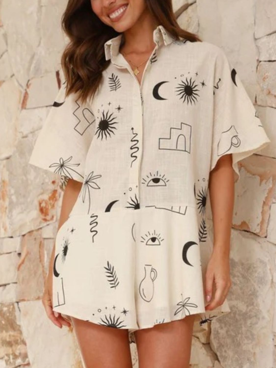 Printed Collared Neck Half Sleeve Romper - Ladyez