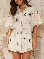 Printed Collared Neck Half Sleeve Romper - Ladyez