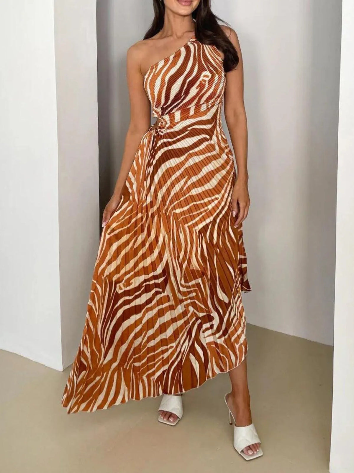 Printed One Shoulder Asymmetrical Maxi Dress - Ladyez