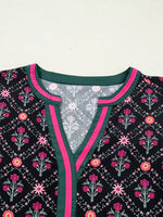 Contrast V Neckline Bracelet Sleeve Vintage Floral Blouse
