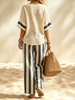 Full Size Striped Half Sleeve Top and Pants Set Plus Size