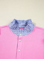 Contrast Striped Collar Patchwork Puff Sleeve Ruffle Hem Mini Dress