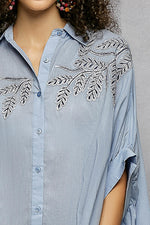 POL Button Down Embroidered Floral High-Low Hem Shirt