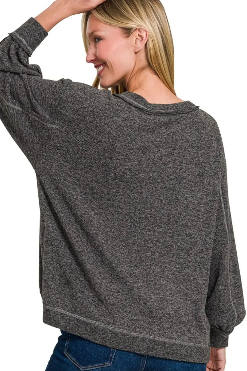 Zenana Brushed Hacci Hi-low Round Neck Knit Top