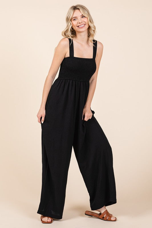 Mittoshop Smocked Wide Strap Wide Leg Overalls - Ladyez