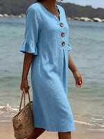 Full Size Button Decor Flounce Sleeve Dress Plus Size