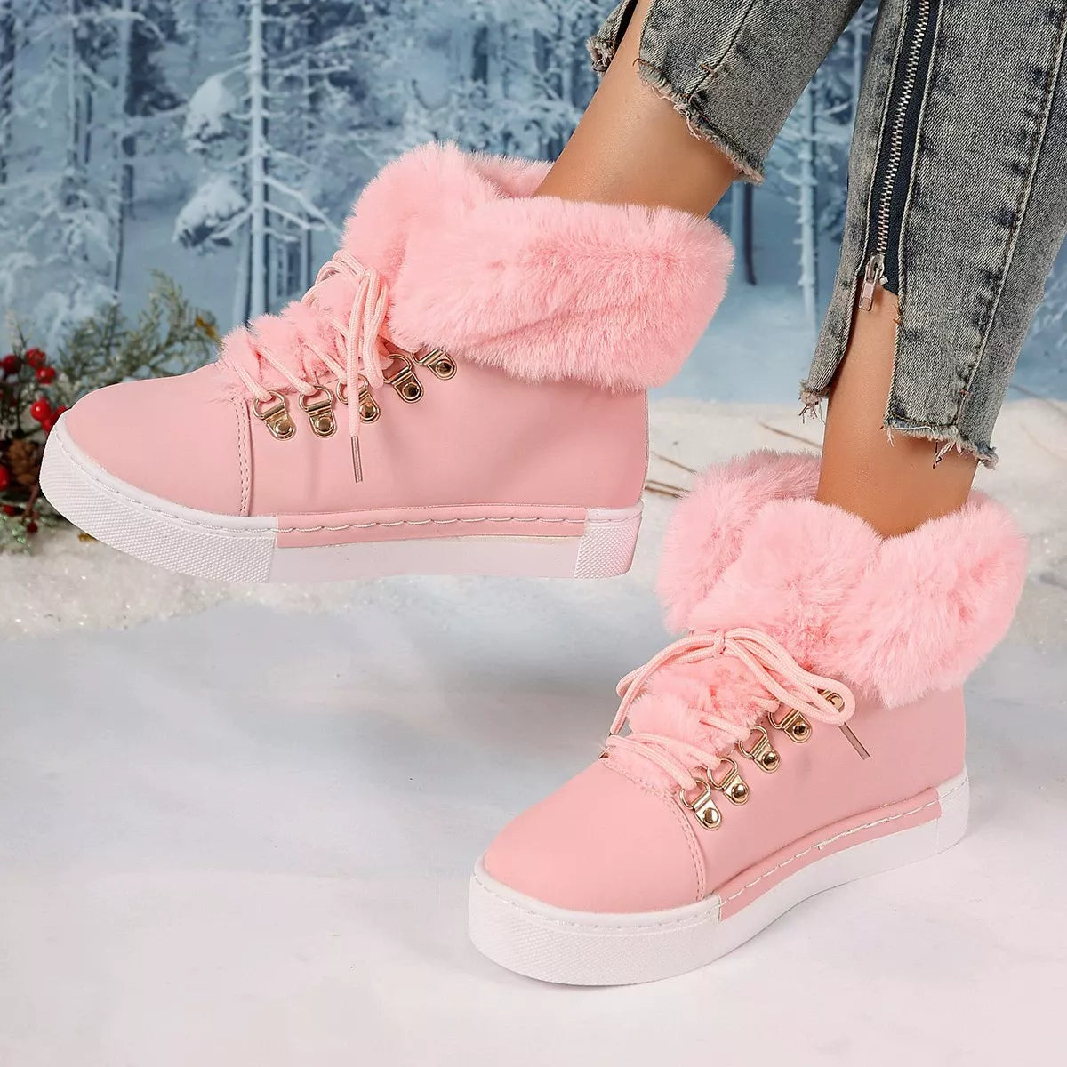 Fuzzy Trim Lace-Up Ankle Boots