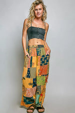 POL Printed Patchwork Wide Leg Pants with Adjustable Side Drawstring