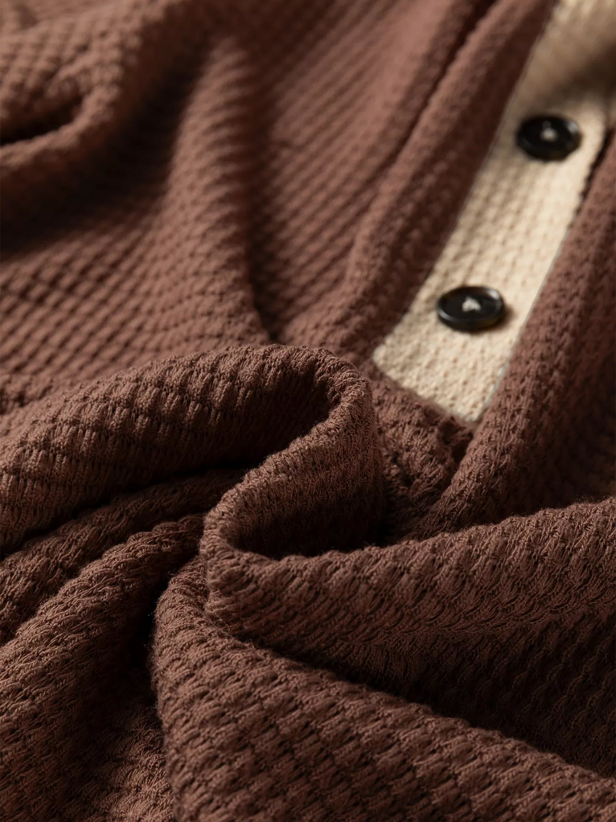 Waffle Contrast Half Buttoned Hooded Pullover Top