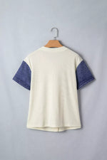 Ribbed Knit Button-Down Shirt with Denim Sleeves
