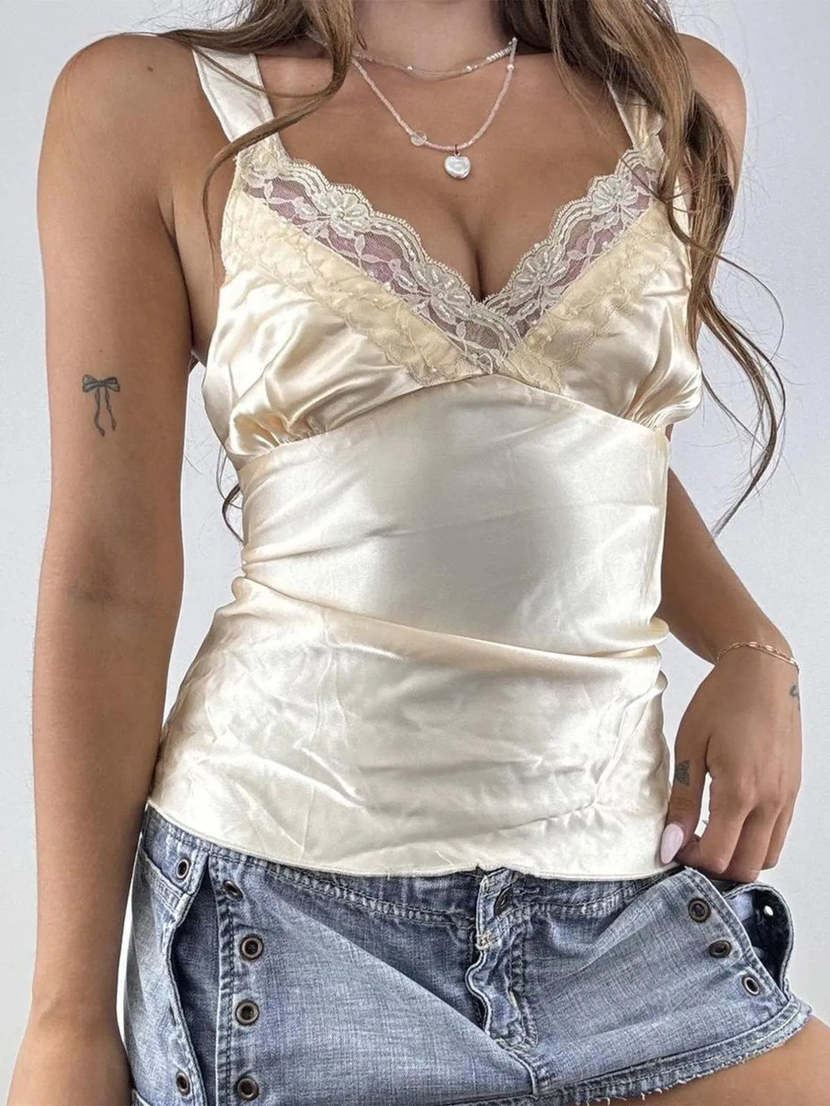 Lace Trim V-Neck Satin Cami Top - Ladyez