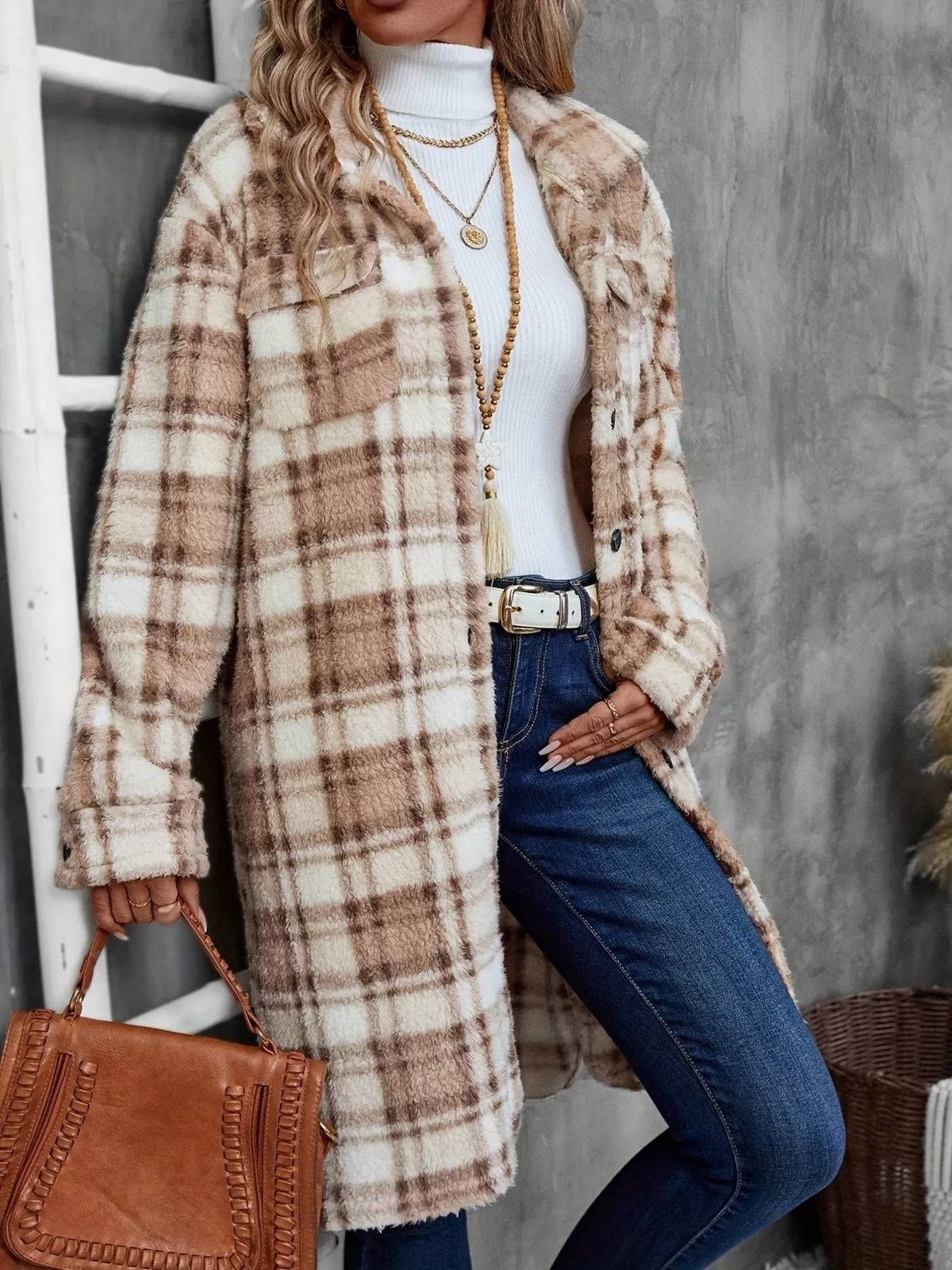 Plaid Fleece Button Up Longline Outerwear