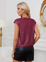 V-Neck Sequin Cap Sleeve Top - Ladyez