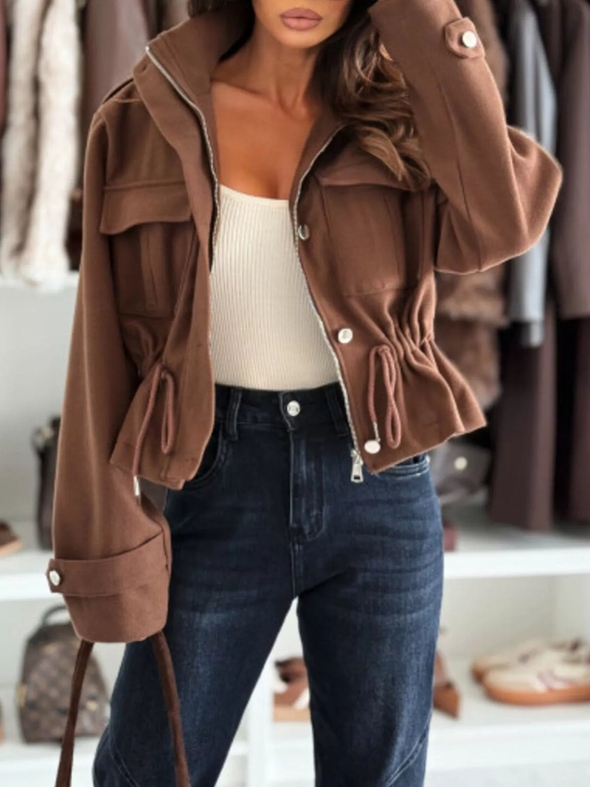 Drawstring Button-Up Casual Jacket