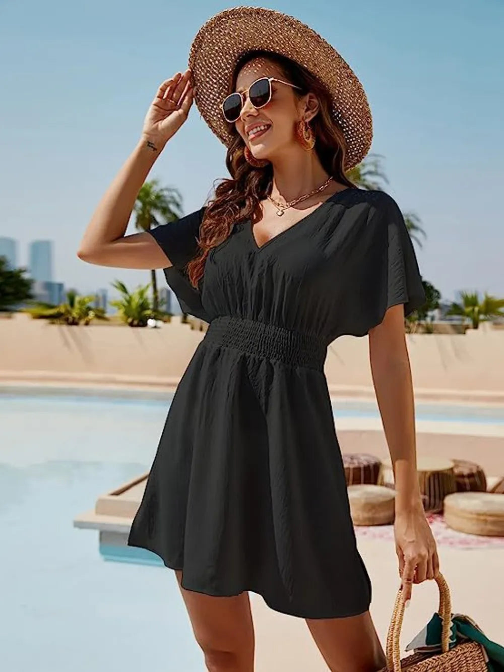 Smocked V-Neck Short Sleeve Dress - Ladyez