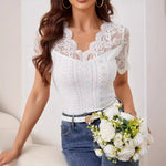 Lace Trim Eyelet Embroidered Summer T-Shirt - Ladyez