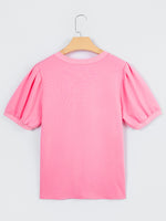 Solid Color V Neck Short Puff Sleeve Blouse