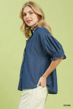 Umgee Chambray Scalloped Trim Button Front Blouse