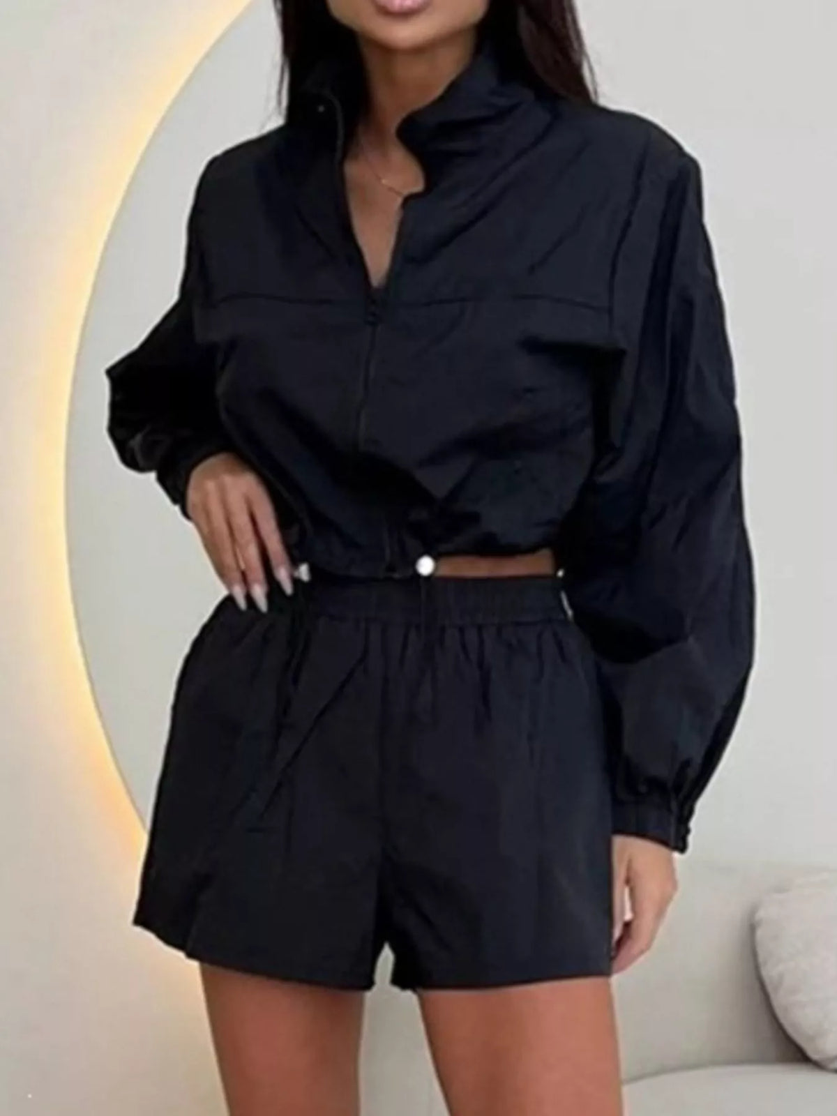 Zip-Up Crop Jacket and High-Waisted Shorts Set