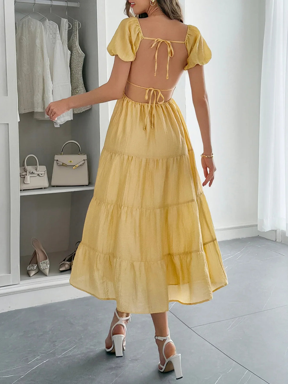 V-Neck Short Sleeve Midi Dress