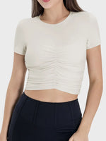 Millennia Ruched Round Neck Short Sleeve Active T-Shirt - Ladyez