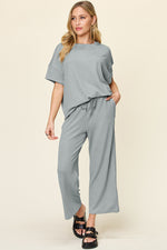 Double Take Full Size Texture Round Neck Short Sleeve T-Shirt and Wide Leg Pants - Ladyez