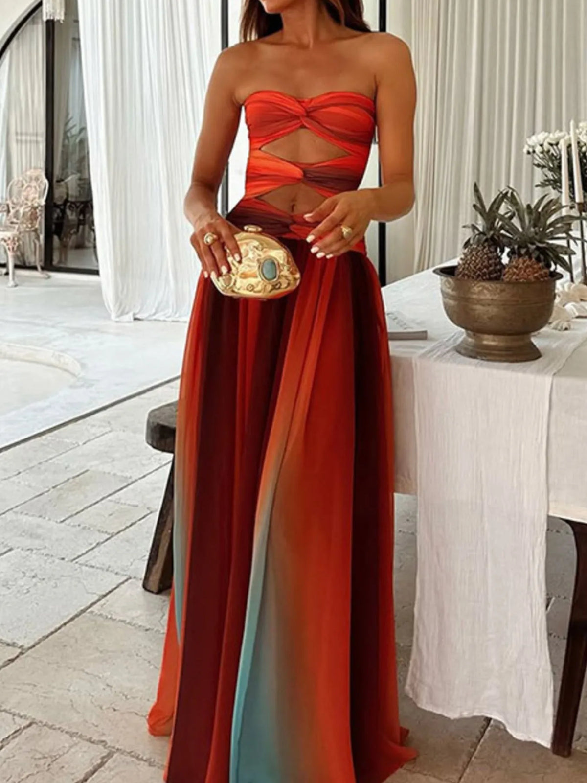 Strapless Cut-Out Rainbow Gradient Maxi Dress - Ladyez