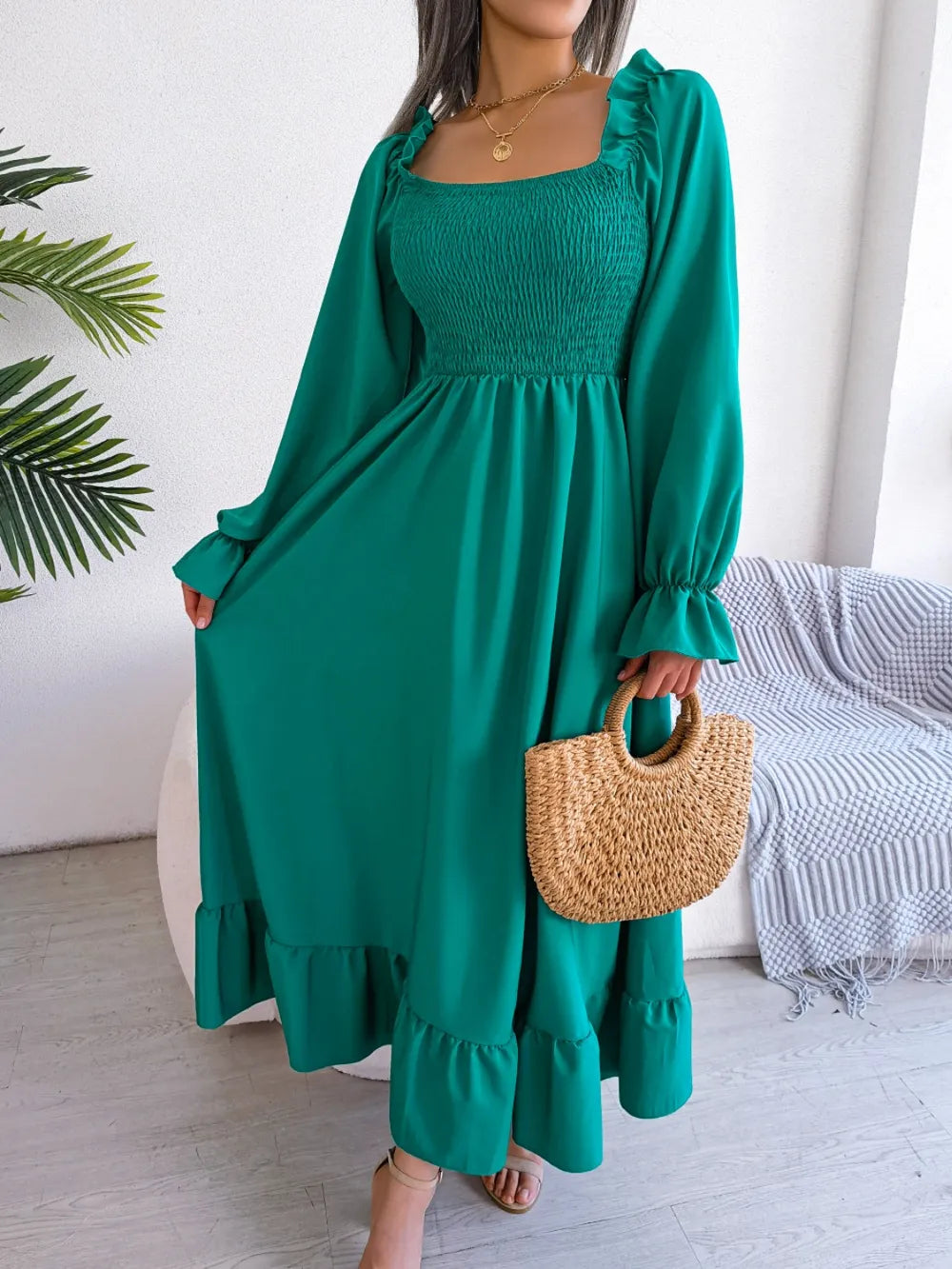 Smocked Square Neck Flounce Sleeve Dress - Ladyez