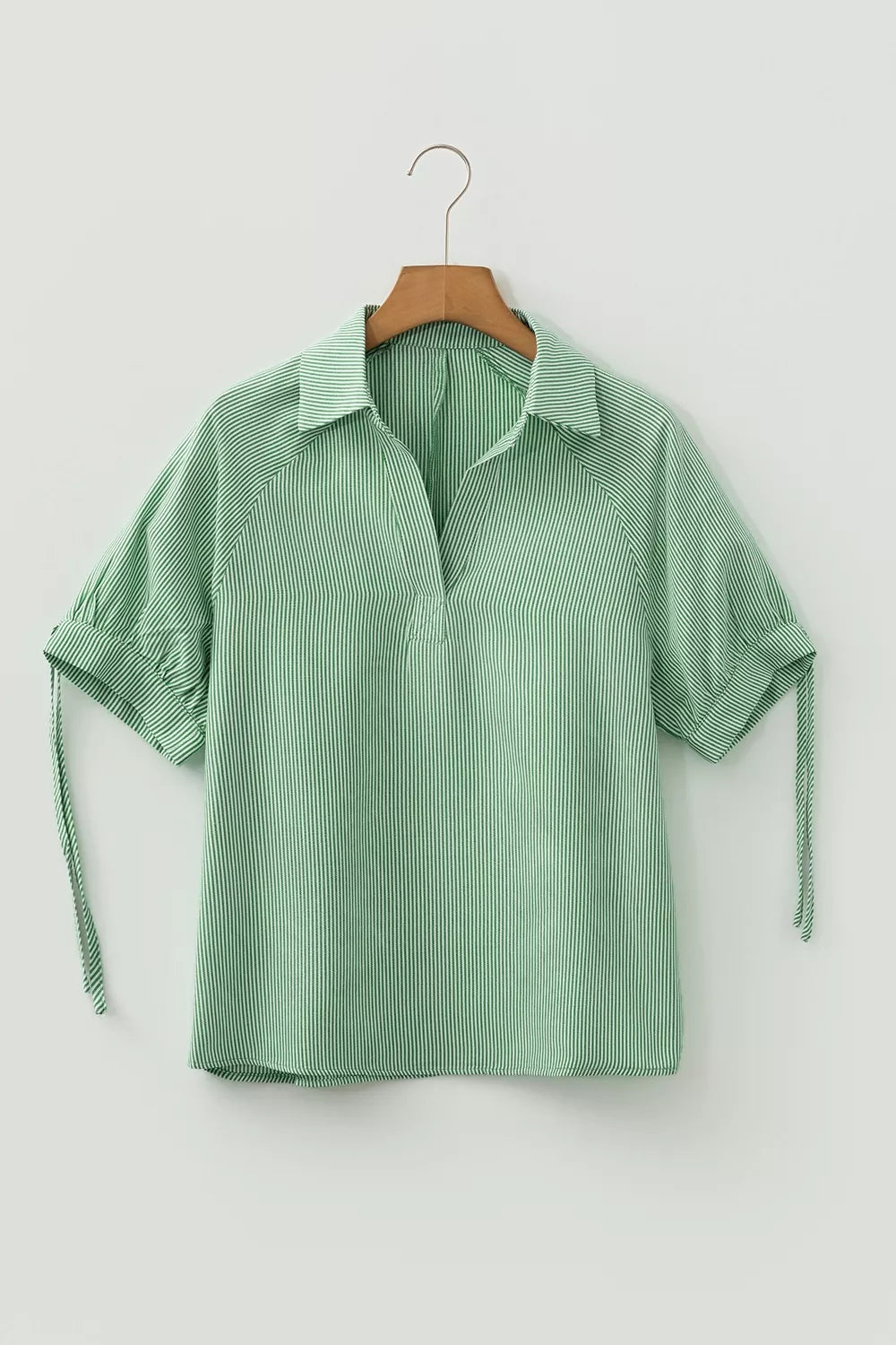 Striped Print Collared Split Neck Half Sleeve Blouse