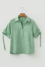 Striped Print Collared Split Neck Half Sleeve Blouse